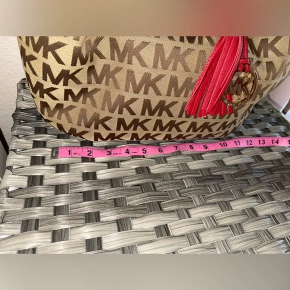 Michael Kors MK Logo Canvas Tote Bag Brown Red Leather Handles Tassel Purse - Picture 7 of 17